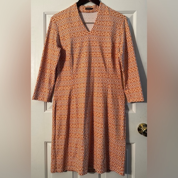 J. McLaughlin MED Spring Apricot Printed 3/4 Sleeve V Neck Sheath Dress Stretch - Picture 1 of 11